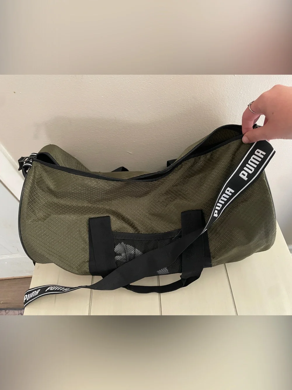 Puma Olive Green Men’s Duffel Bag with Branded Strap